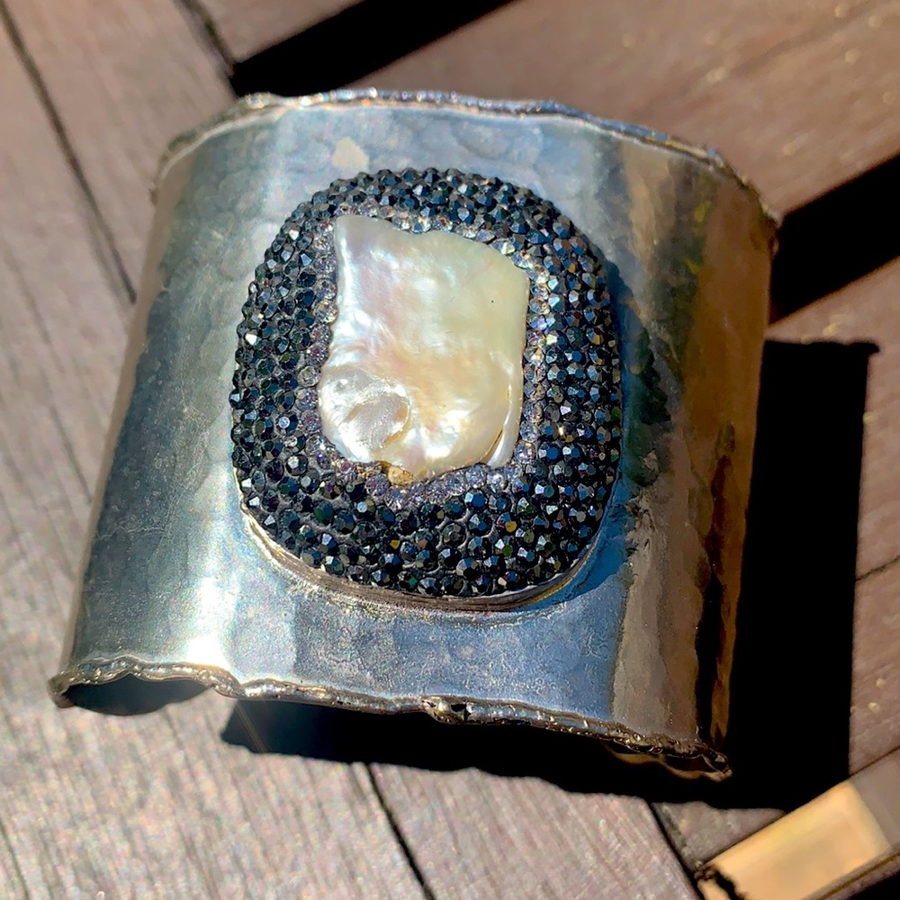 Crystallized Mother of Pearl Statement Silver Cuff